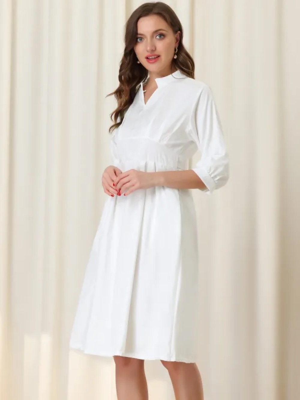 White V-Neck Midi Dress with Cinched Waist
